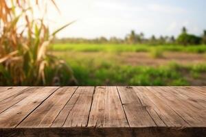 ai generated image of empty wooden table backgroundRusticBlurred Grassland photo