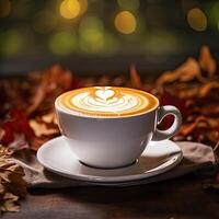 coffee latte art in a beautiful foamy white coffee cup bokeh background photo