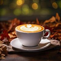 ai generated coffee latte art in a beautiful foamy white coffee cup bokeh background photo