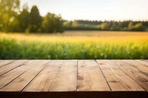 image of empty wooden table backgroundRusticBlurred Grassland photo