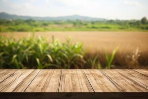 ai generated image of empty wooden table backgroundRusticBlurred Grassland photo