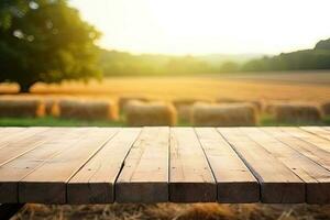ai generated image of empty wooden table backgroundRusticBlurred Grassland photo