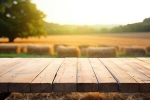 ai generated image of empty wooden table backgroundRusticBlurred Grassland photo