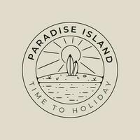 paradise  island beach line art logo vector with emblem template illustration design with palm tree and sun burst icon design.