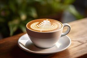 coffee latte art in a beautiful foamy white coffee cup bokeh background photo