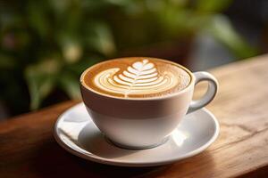 ai generated coffee latte art in a beautiful foamy white coffee cup bokeh background photo