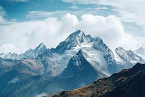 ai generado alto montaña paisaje imágenes cubierto con nieve y nubes foto