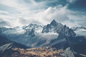 ai generado alto montaña paisaje imágenes cubierto con nieve y nubes foto