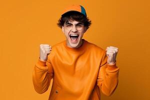 Excited young man celebrating success on orange background photo