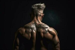 Ai generative Handsome young muscular man with tattoo on his body over dark background photo