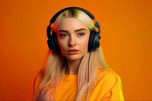 Beautiful young woman with headphones listening to music on orange background. photo