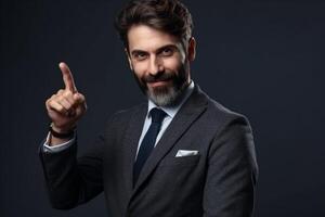 Ai generative Cheerful young man in suit pointing at camera with index finger, looking at camera and smiling photo