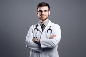 ai generativo retrato de confidente masculino médico en blanco Saco y estetoscopio en pie con brazos cruzado y mirando a cámara foto