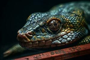 Ai generative Close-up of the head of a water snake in the rain dark background 3d illustration photo