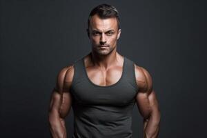 Handsome young man with muscular body posing in studio on dark background photo