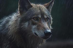 de cerca retrato de un lobo en el lluvia en un oscuro antecedentes ai generativo foto