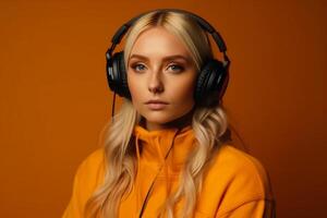 Beautiful young woman with headphones listening to music on orange background. photo