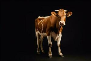 Ai generative Brown and white cow isolated on a black background. Studio shot photo