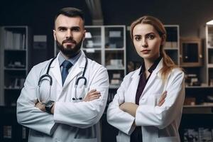 ai generativo retrato de confidente doctores en pie con cruzado brazos en moderno hospital corredor foto