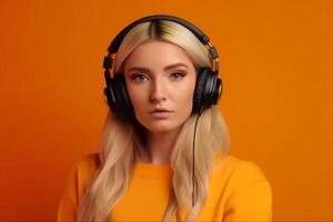 Beautiful young woman with headphones listening to music on orange background. photo