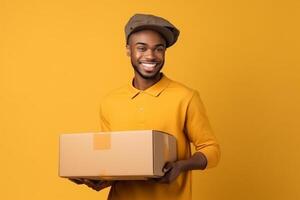 Smiling African American delivery man holding cardboard box isolated on yellow background photo