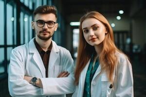 Portrait of confident doctors standing with crossed arms in modern hospital corridor photo
