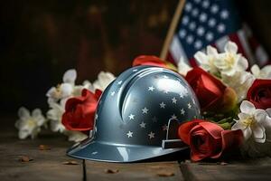 Helmet with flowers and American flag on wooden table. Labor day concept Ai generative photo