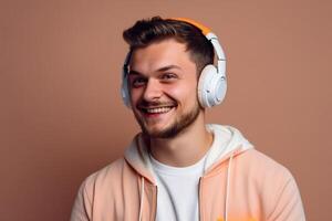 Portrait of a young man listening to music with headphones on a solid background photo