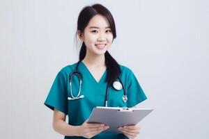 Portrait of a smiling female nurse with stethoscope and clipboard photo