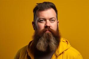 Portrait of a handsome man in a yellow jacket with long beard and mustache on yellow background photo