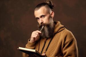 ai generativo retrato de un barbado hombre con un libro en su manos en un marrón antecedentes foto