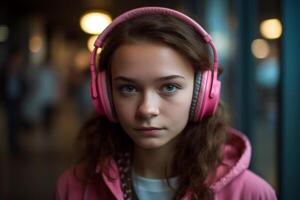 ai generativo retrato de un hermosa joven niña escuchando a música con auriculares. foto