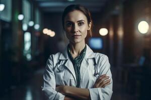 ai generativo retrato de confidente hembra médico en pie con brazos cruzado en hospital corredor foto