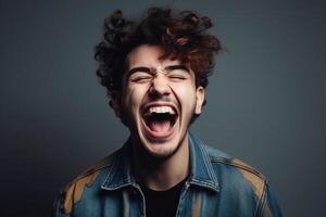 Excited young man celebrating success on dark background photo