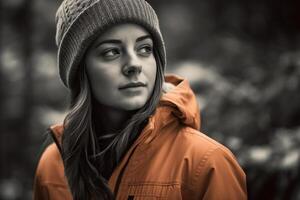 Portrait of a beautiful young woman in an orange sweater. Black and white photo