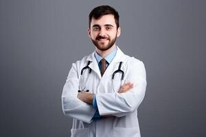 Ai generative Portrait of confident male doctor in white coat and stethoscope standing with arms crossed and looking at camera photo