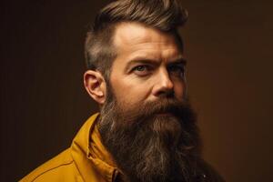 ai generativo retrato de un hermoso hombre en un amarillo chaqueta con largo barba y Bigote en marrón antecedentes foto