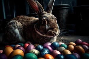 Easter bunny and colored eggs in the forest on a dark background photo