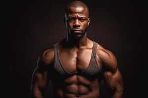 Handsome young man with muscular body posing in studio on dark background photo