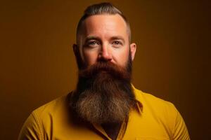 ai generativo retrato de un hermoso hombre en un amarillo chaqueta con largo barba y Bigote en marrón antecedentes foto