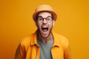 Portrait of a young man screaming isolated over yellow background photo