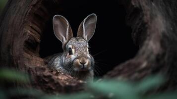 Rabbit looking out of a hole in a tree trunk in the forest photo