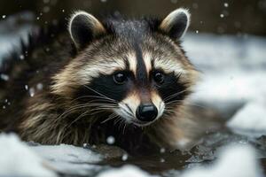retrato de un mapache en el invierno bosque. animal en el nieve ai generativo foto