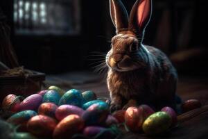 Easter bunny and colored eggs in the forest on a dark background photo