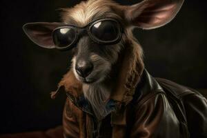 Little goat in a brown leather jacket on a dark background with vintage equipment Ai generative photo