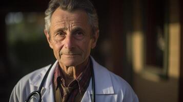 Portrait of doctor standing in corridor at hospital. Doctor looking at camera. photo