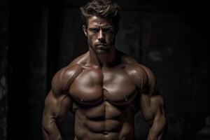 ai generativo hermoso joven hombre con muscular cuerpo posando en estudio en oscuro antecedentes foto