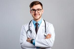 ai generativo retrato de confidente masculino médico en blanco Saco y estetoscopio en pie con brazos cruzado y mirando a cámara foto