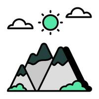 A unique design icon of mountains with sun showcasing hills weather vector