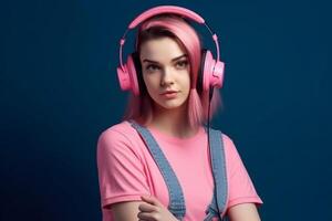 Portrait of beautiful girl with pink hair and headphones on blue background photo